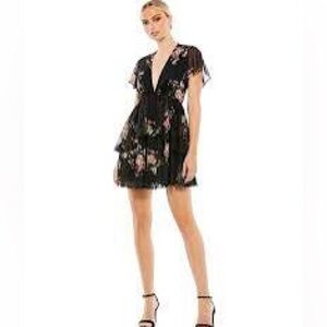 MAC DUGGAL 55673 Black Tiered Ruffle Floral Print V Neck Butterfly Sleeve $299